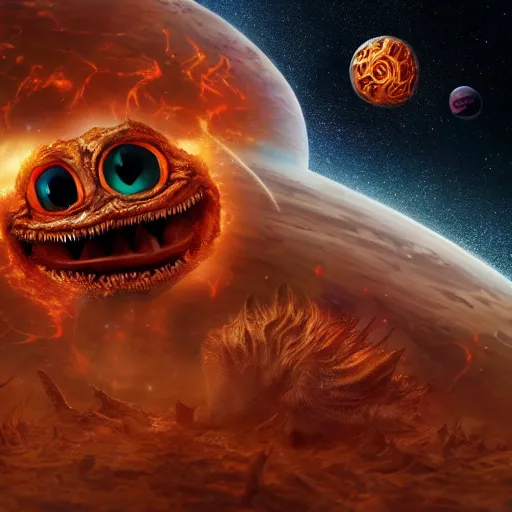 Image similar to eldritch horror bloody garfield in space, hd, 8 k, giant, epic, realistic photo, unreal engine, stars, prophecy, powerful, cinematic lighting, destroyed planet, debris, violent, sinister, ray tracing, dynamic, print, epic composition, dark, horrific, teeth, grotesque, scary, monochrome drawing