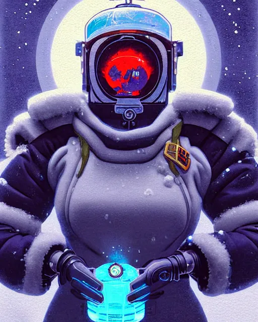 Prompt: mei from overwatch, character portrait, ice, cold, snow, sci - fi suit, portrait, close up, concept art, intricate details, highly detailed, vintage sci - fi poster, retro future, in the style of chris foss, rodger dean, moebius, michael whelan, and gustave dore