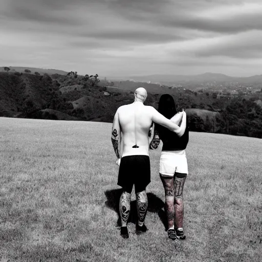 Image similar to portrait of a bald white male tattoos and his white female wife with tattoos. male is wearing a white t - shirt, tan shorts, white long socks. female is has long brown hair and a lot of tattoos. photo taken from behind them overlooking the field with a goat pen. rolling hills in the background of california and a partly cloudy sky