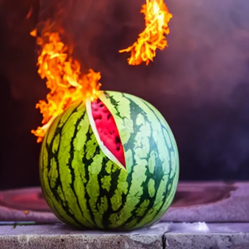 Prompt: photo of a watermelon on fire in a bar