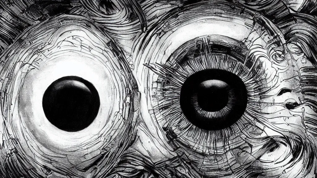 Image similar to eye of the storm, style of Giger, H. R. GIGER, style of Junji Ito, 4K, highly detailed, minimalistic, minimalistic, minimalistic, fine tuned, machina