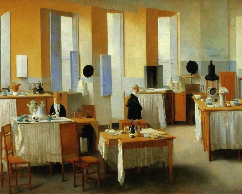 Image similar to achingly beautiful painting of a sophisticated, well - decorated kitchen by rene magritte, monet, and turner.
