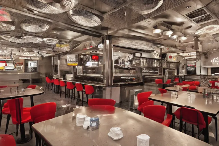 Prompt: a fast food restaurant interior filled with people inspired by HR Giger