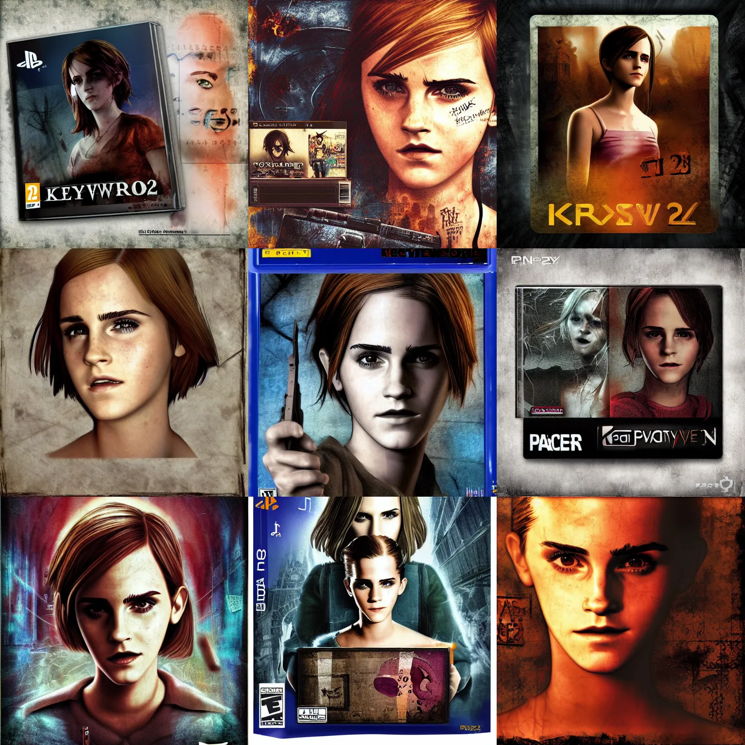 Prompt: ps 2 game box keyart, emma watson surivival horror, playstation 2, paper scratch texture