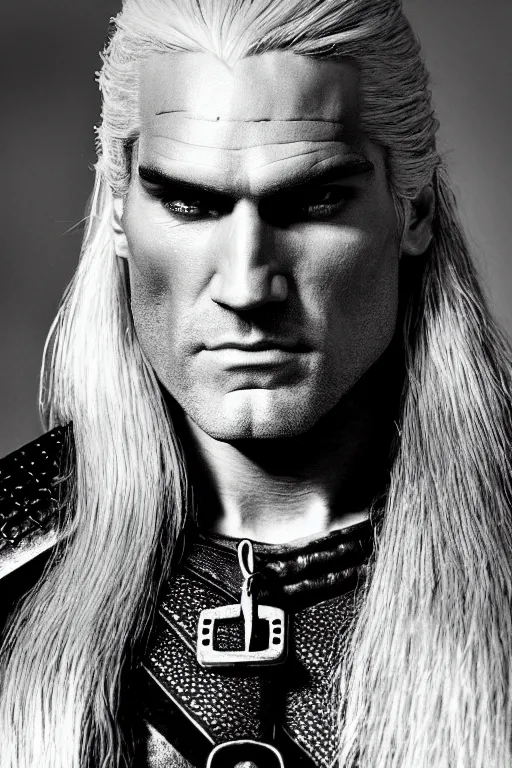 Image similar to 3 / 4 profile picture of geralt of rivia, 5 5 mm lens, professional photograph, black and white, times magazine, serious