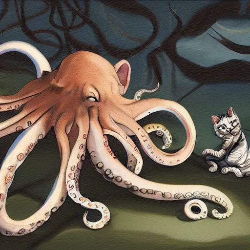 Image similar to octopus and cats fighting for life, digital paintingl