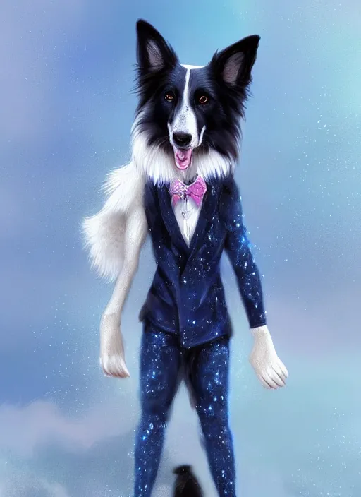Prompt: full body digital painting of a cute male anthropomorphic border collie fursona wearing a blue dog collar and standing in the rain, furaffinity, intricate, elegant, beautiful, glamor pose, realistic proportions, highly detailed, scenic background, trending on artstation, art by charlie bowater and henry asencio and and ross tran
