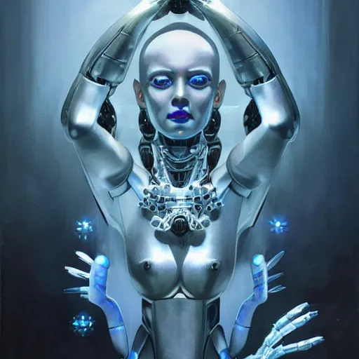 Image similar to hyper realistic close up portrait of a six - armed robot goddess holding geometric shapes, monochromatic body against a blue background. painting by greg rutkowski, scott m fischer, argerm, anne stokes, alexandros pyromallis