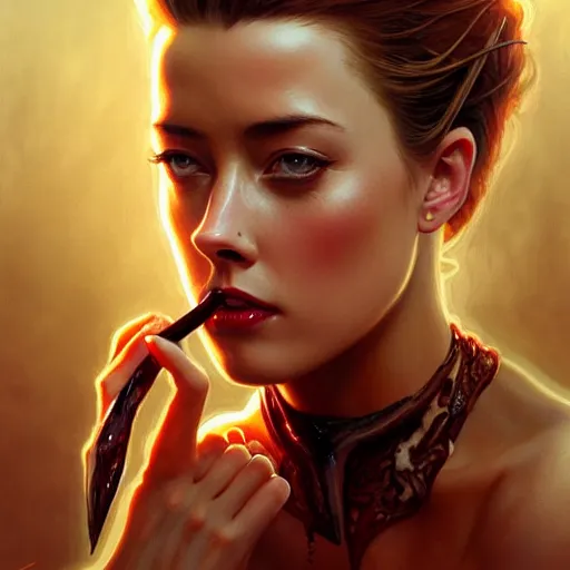 Prompt: Amber Heard eating BBQ Ribs, BBQ Sauce stains, closeup, D&D, fantasy, intricate, elegant, highly detailed, digital painting, artstation, concept art, matte, sharp focus, illustration, art by Artgerm and Greg Rutkowski and Alphonse Mucha