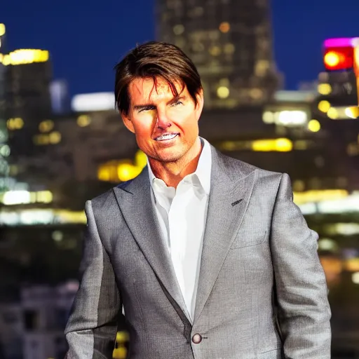 Prompt: a still of Tom Cruise. Shallow depth of field. City at night in background, lights, colors ,studio lighting, mood, 4K. Profession photography