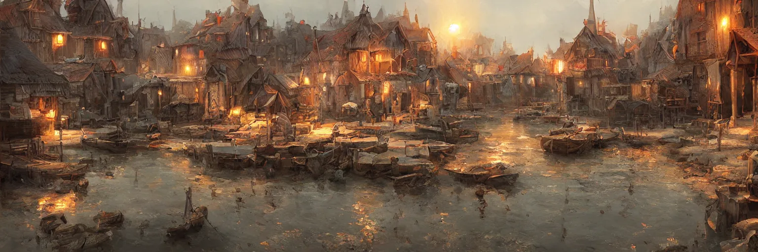 Image similar to seaside village by Cédric Peyravernay, warm color palette, detailed