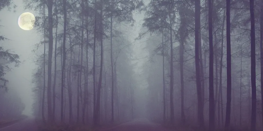 Prompt: night, road between tall trees, dense forest, dark night, moon