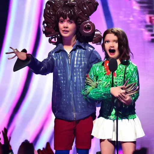 Prompt: stranger things demogorgon getting slimed at the kids choice awards