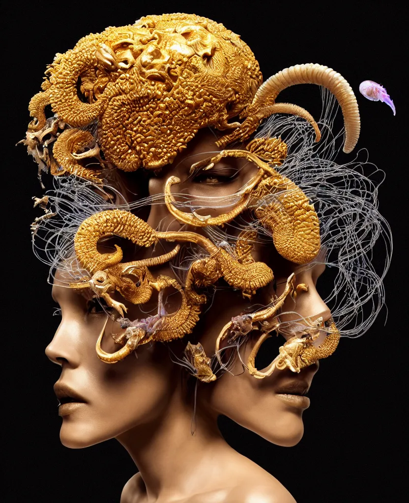 Image similar to black background. goddess princess face close-up portrait ram skull. sculpture made of gold and brilliants. jellyfish phoenix head, nautilus, orchid, skull, betta fish, bioluminiscent creatures, intricate artwork by Tooth Wu and wlop and beeple. octane render, trending on artstation, greg rutkowski very coherent symmetrical artwork. cinematic, hyper realism, high detail, octane render, 8k