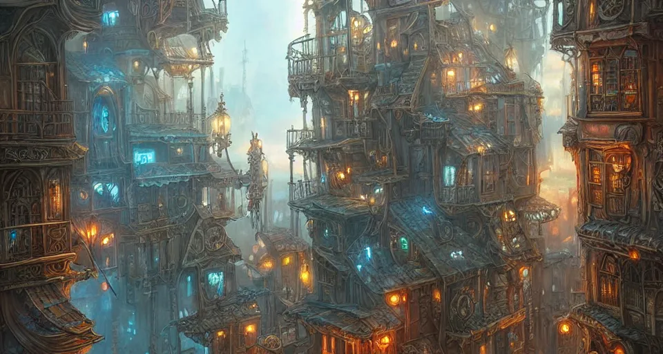 Image similar to landscape painting of fantasy metal steampunk city that has a light blue glow with walkways and lit windows with focus on hooded thieves in leathers climbing the buildings using a rope, fine details, magali villeneuve, artgerm, rutkowski