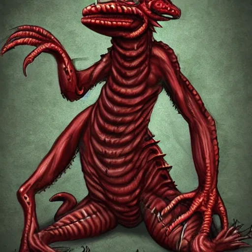 Image similar to big butcher anthropomorphic male lizardfolk posing scarily, scary angry pose, chasing you, bloody, covered in blood, fresh kill, cleaver, in a cave, earie setting, lovecraft eldritch horror, hyperdetailed, furaffinity, anthro art