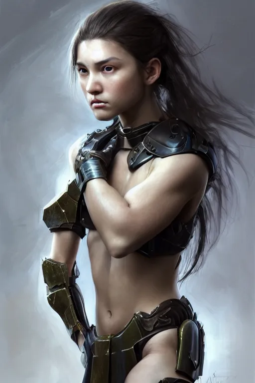 Prompt: a photorealistic painting of an attractive young girl, partially clothed in stealth-like battle armor, olive skin, long dark hair, beautiful bone structure, symmetrical face, perfect eyes, intricate, elegant, digital painting, concept art, illustration, sharp focus, minimal artifacts, from Metal Gear, in the style of Ruan Jia and Mandy Jurgens and Greg Rutkowski, trending on Artstation, award winning