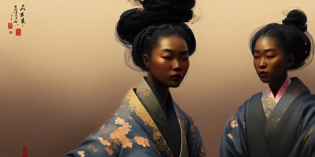 Prompt: sevhat, extremely detailed digital painting of a black woman wearing a kimono, in the style of fenghua zhong and ruan jia and jeremy lipking and peter mohrbacher, mystical colors, rim light, beautiful lighting, 8 k, stunning scene, raytracing, octane, trending on artstation