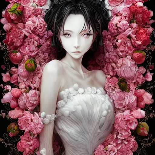 Prompt: the portrait of an absurdly beautiful, graceful, elegant, sophisticated, fashionable realistic anime woman made of strawberries and white petals with tears, an ultrafine hyperdetailed illustration by kim jung gi, irakli nadar, intricate linework, bright colors, octopath traveler, final fantasy, unreal engine 5 highly rendered, global illumination, radiant light, detailed and intricate environment