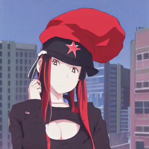 Image similar to anime girl wearing large black beret, black shirt with red star, smug grin, cel - shading, 2 0 0 1 anime, flcl, jet set radio future, golden hour, japanese town, concentrated buildings, japanese neighborhood, electrical wires, cel - shaded, strong shadows, vivid hues, y 2 k aesthetic