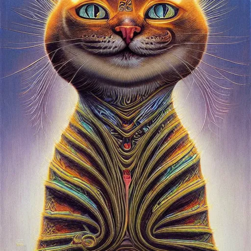 Image similar to a cat having an ego trip, by alex grey, by Esao Andrews and Karol Bak and Zdzislaw Beksinski and Zdzisław Beksiński, trending on ArtStation