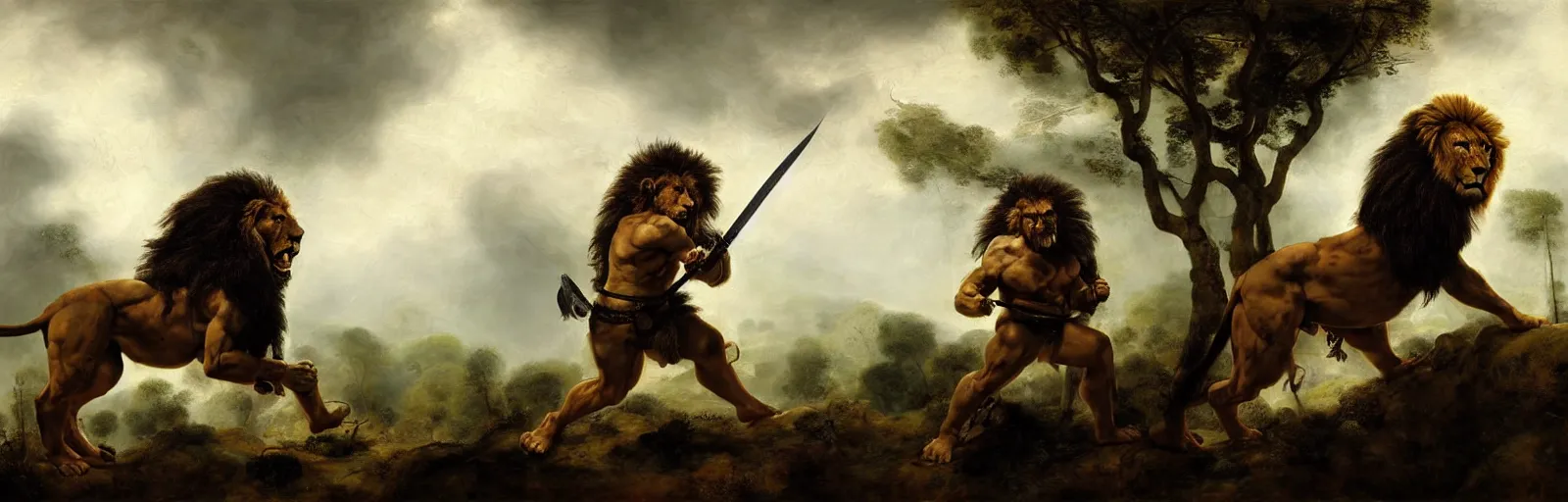 Prompt: muscular lion as barbarian hunter with sword , battle pose ,very textured detailed oil painting panoramic 4k hires detailed portrait by rembrandt, dramatic clouds, rain in the foggy jungle ,sun rays through trees