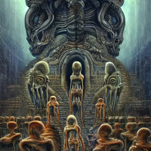 Prompt: painting of an alien family, intercrossed humans, mixed animal, in a mayen temple, by giger, zdzislaw beksinski, frank frazette, cold hue's, amazing colorful background, digital art, concept art, animal painting, trending on art station, beautiful composition 3 - d 4 k,