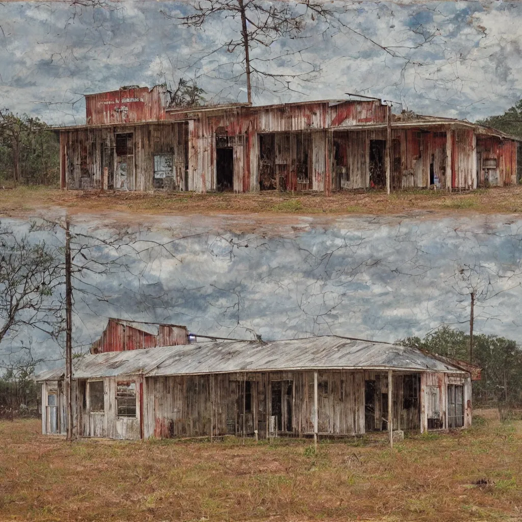 Image similar to an abandoned grocery store in the middle of nowhere by william christenberry, ultra detailed, rainy, beautiful