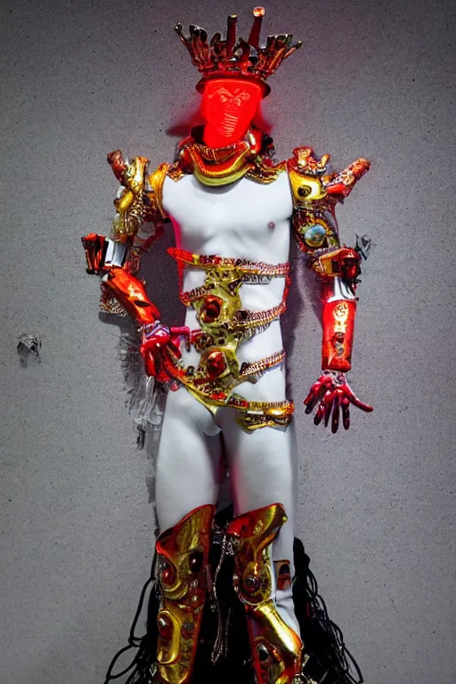 Prompt: full-body baroque and bladerunner style red neon statue of a young attractive Brazilian male macho dotado android thrusting sim roupa con piroca dura, glowing white face, prince crown of red steampunk gears, diamonds, swirling gold-colored silk fabric. futuristic elements. throwing-up liquid rainbow light, full-length view. space robots. human skulls. throne made of bones, intricate artwork by caravaggio. Trending on artstation, octane render, cinematic lighting from the right, hyper realism, octane render, 8k, depth of field, 3D