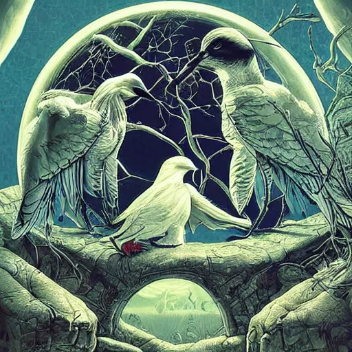 Image similar to white crow bringing rabbit leg to a occult witch by android jones and m. c. escher collaboration, futurist, digital art, dramatic lighting