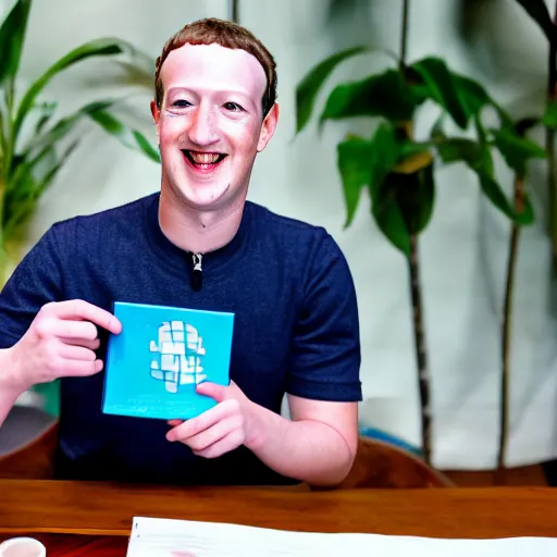 Image similar to mark zuckerberg holding a coaster up to the camera