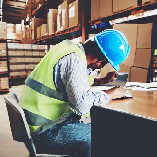 Image similar to a polaroid photo of man using a laptop inside in warehouse, he sitting on chair and small table, he's wearing blue cloth and construction hat, photo from behind, highly details, perfect face shape, cinematic lighting,