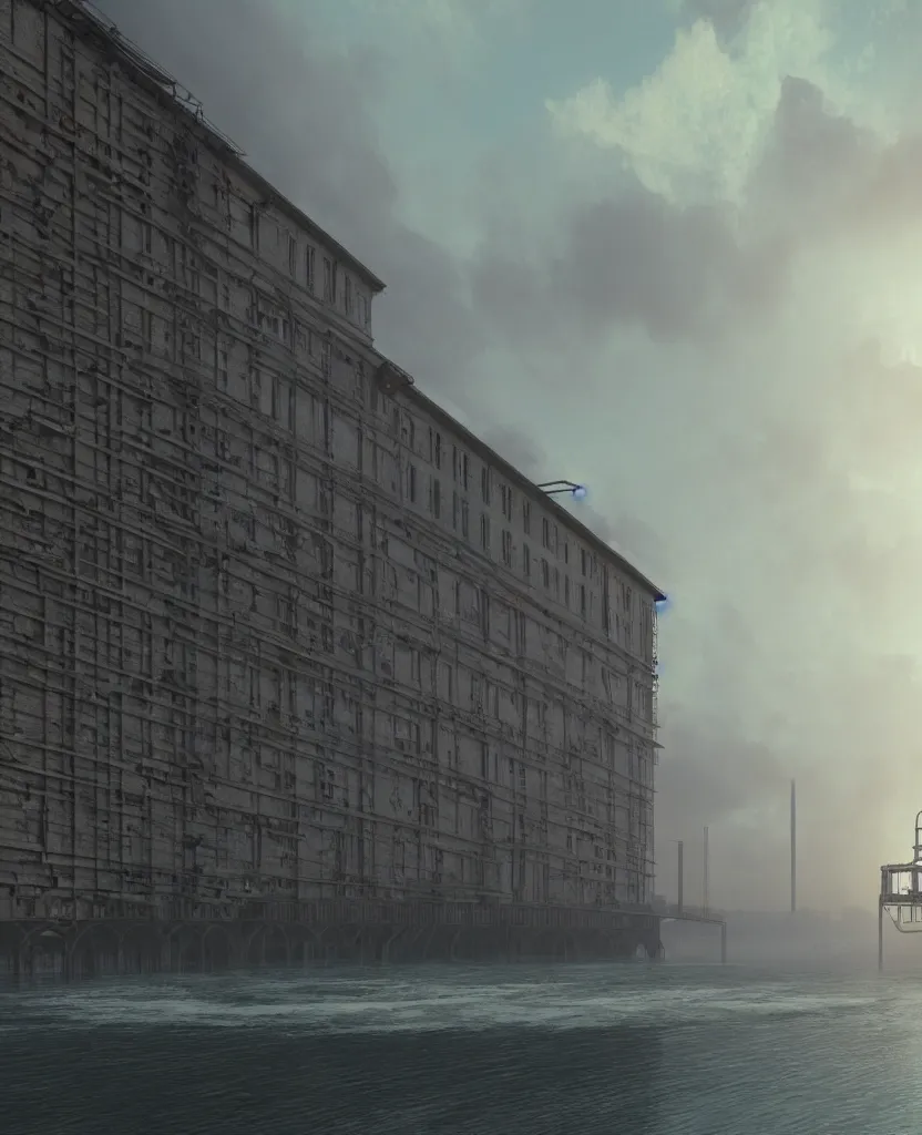 Image similar to a beautiful photorealistic render of mine industrial architecture architecture unfinished building by ivan aivazovsky, lake, archdaily, wallpaper, highly detailed, trending on artstation.