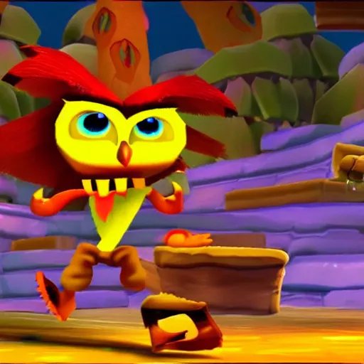 Prompt: a still from ps 1 crash bandicoot, of an owl collecting bananas