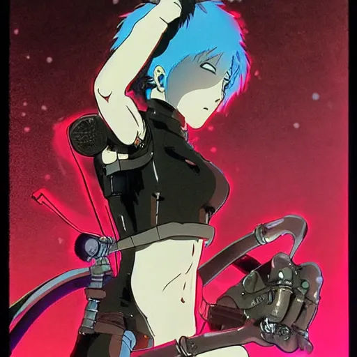 Image similar to anime of a punk cyborg woman, large knife,, water particles floating in the air, finely detailed facial features, weathered drawing, film grain, bright neon lighting, dark pastel colors, drawn by satoshi kon, katsuhiro otomo