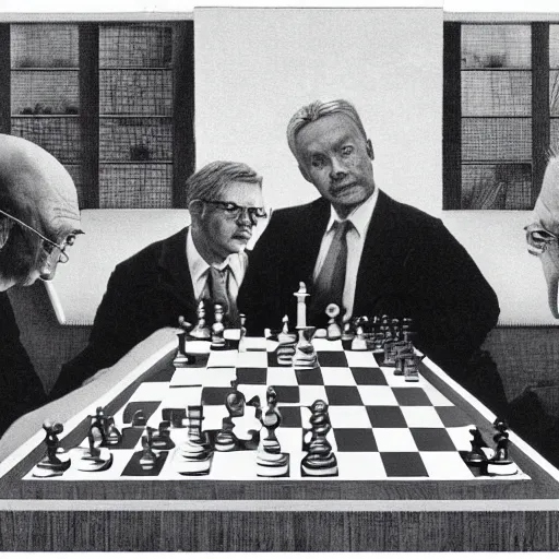Image similar to elon musk playing chess with zdzisław beksinski