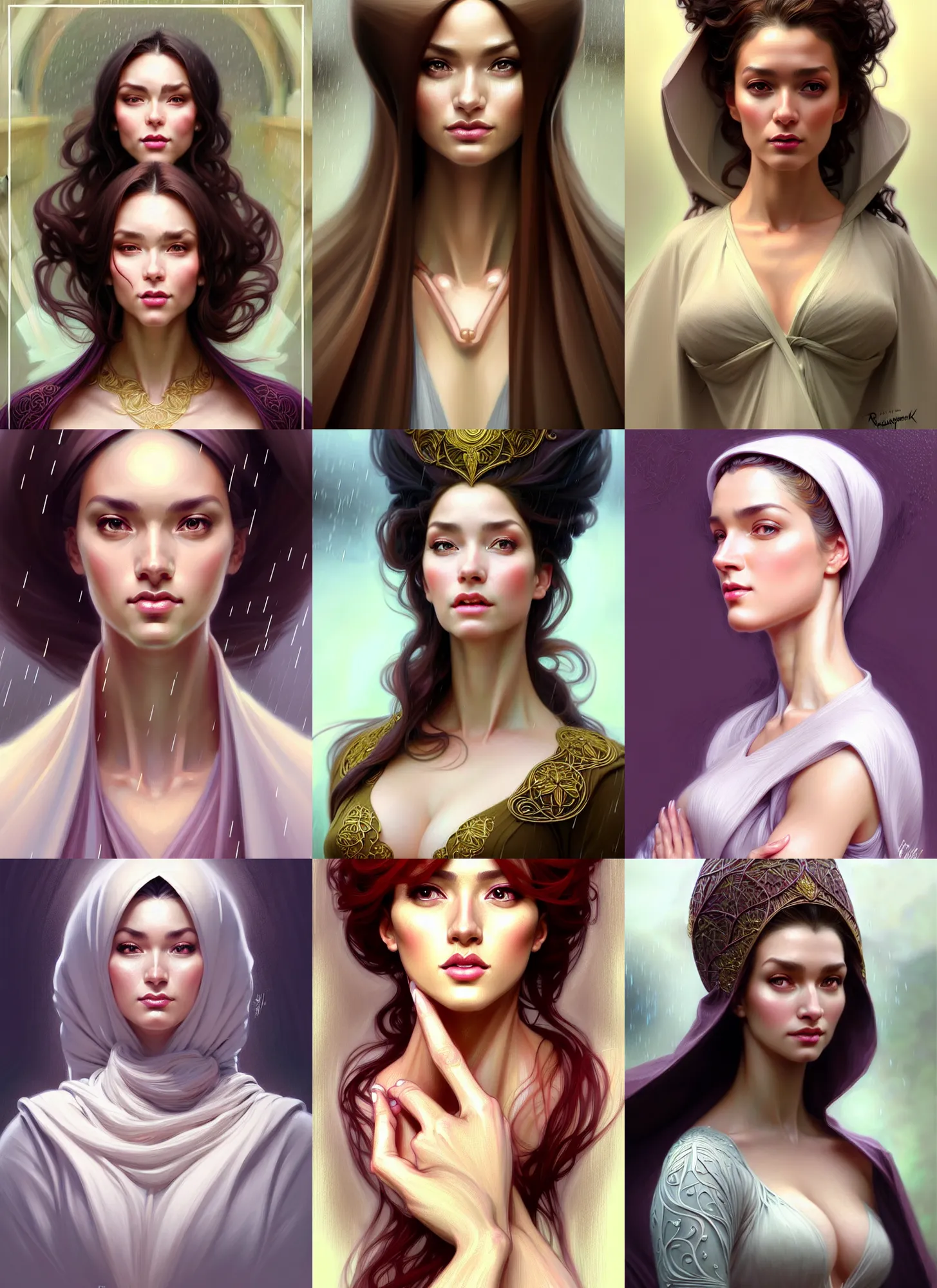 Prompt: character concept portrait of me as modest wife blessed by god to grow ever - more intelligent beautiful voluminous muscular tall healthy and alive. modestly clothed, in the rain, intricate, elegant, highly detailed, digital painting, artstation, concept art, symmetry, smooth, sharp focus, illustration, art by artgerm and rutkowski and mucha