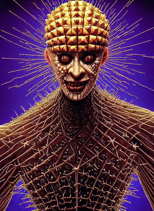 Prompt: hyper detailed 3d render like an Oil painting - Pinhead (Cenobite - Hellraiser) seen Eating of the Strangling network of yellowcake aerochrome and milky Fruit and Her delicate Hands hold of gossamer polyp blossoms bring iridescent fungal flowers whose spores black the foolish stars by Jacek Yerka, Mariusz Lewandowski, Houdini algorithmic generative render, Abstract brush strokes, Masterpiece, Edward Hopper and James Gilleard, Zdzislaw Beksinski, Mark Ryden, Wolfgang Lettl, hints of Yayoi Kasuma, octane render, 8k