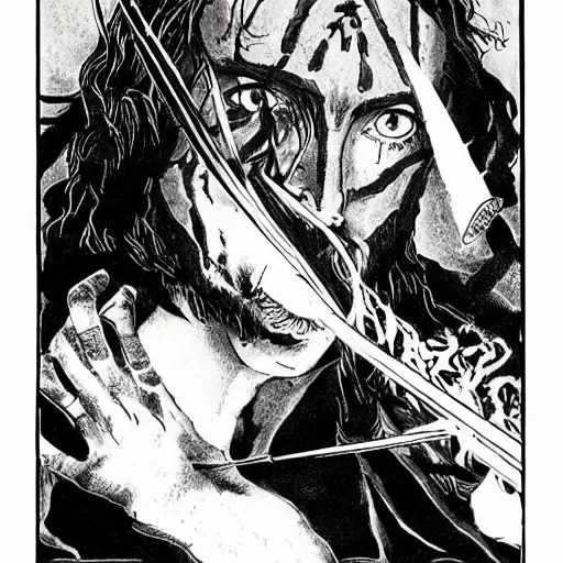 Image similar to pen and ink!!!! attractive 22 year old Frank Zappa x Jared Leto golden Vagabond magic swordsman glides through a beautiful battlefield magic the gathering dramatic esoteric!!!!!! pen and ink!!!!! illustrated in high detail!!!!!!!! by Hiroya Oku!!!!! Written by Wes Anderson graphic novel published on shonen jump 2002 award winning!!!!