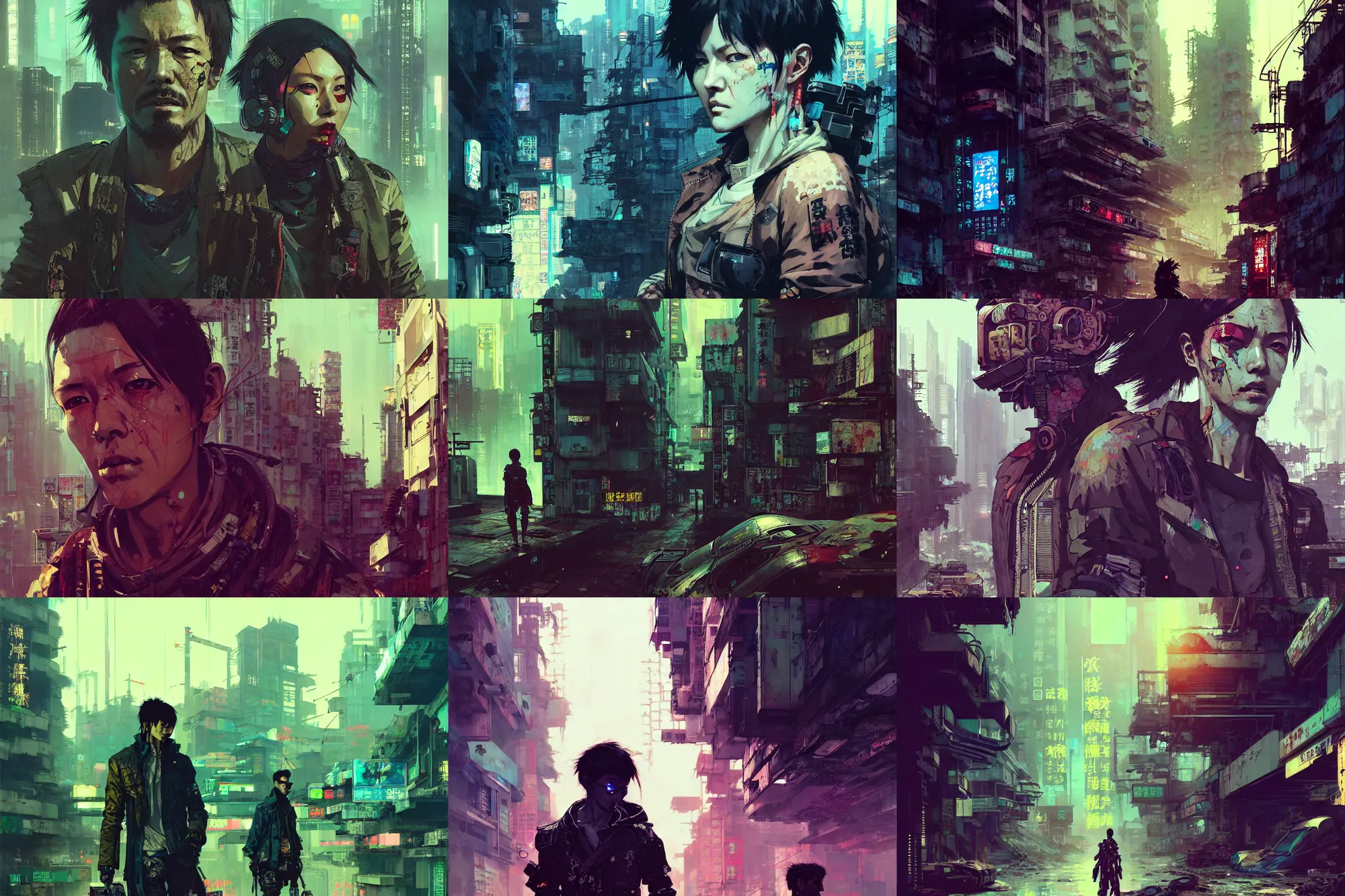 Prompt: hyper - realistic cyberpunk portrait of abandoned kowloon, extreme detail, in style of yoji shinkawa, pan ren wei, col price, atey ghailan, by greg rutkowski, by greg tocchini, by james gilleard, by joe fenton, by kaethe butcher, grunge aesthetic