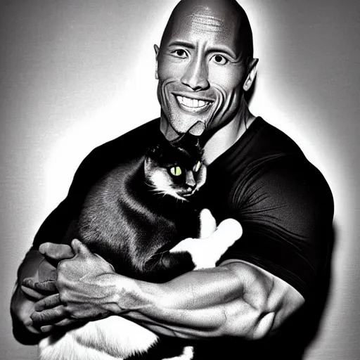 Prompt: dwayne johnson holding a black cat, studio lighting, promotional photograph