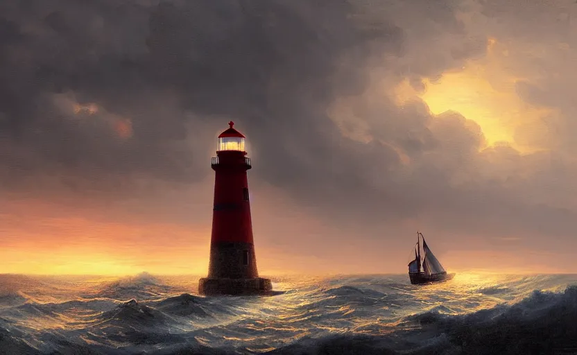 Image similar to painting of a lighthouse at sunset with a sailing ship in a storm, natural light, concept art, by greg rutkowski, cozy atmospheric and cinematic lighting