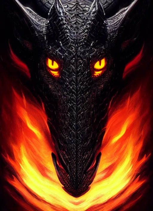 Prompt: symmetry!! portrait of a black dragon, dark scales, horns, horror, night time lighting, intricate, scary, fire background, highly detailed, digital painting, artstation, concept art, smooth, sharp focus, illustration, art by greg rutkowski