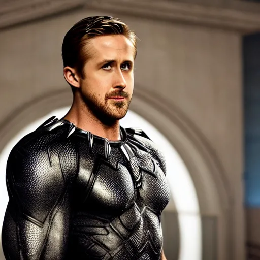 Image similar to ryan gosling as black panther, 4 k, high detail, high - resolution photograph, professional photography, ultra - detail