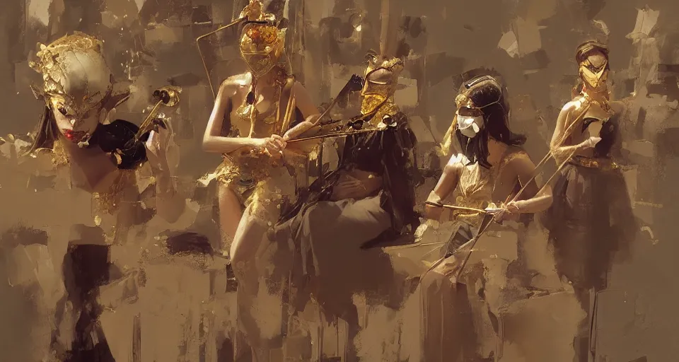 Image similar to craig mullins and ghibli digital art of stage, masked female violinists, solo performance ， exotic costumes, gold jewelry, black hair, realistic shading, cinematic composition, realistic render, octane render, detailed textures, photorealistic, wide shot