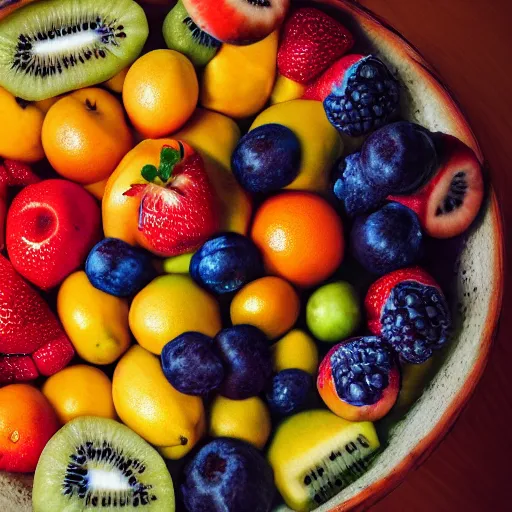 Image similar to fruits within [ bowl ]!!!, trending on artstation, cgsociety, [ overhead view ]!!, 4 k quality, intricately defined, professional photography, complexly detailed, polycount