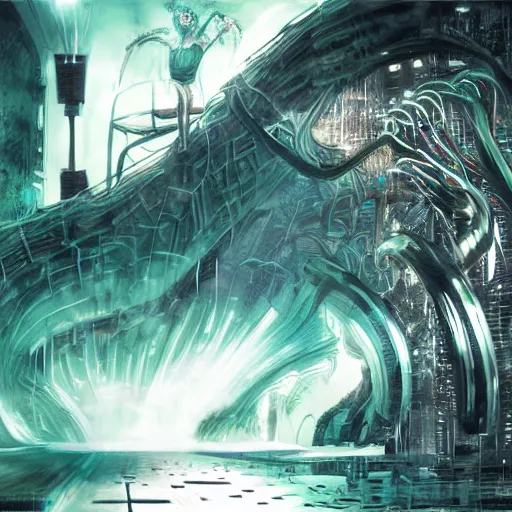 Prompt: basilisk of roko and the awakening of an ai with consciousness, surreal technological conceptual art magical cybernetic realism horro visions distopic and utopic art