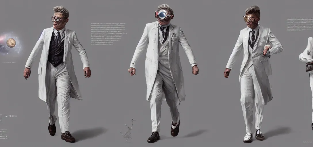 Prompt: character sheet concept art of a galaxy - print man wearing a white three - piece suit, realistic, hyperrealistic, photographic, costume, wlop, dan mumford, greg rutkowski, high detail, octane render, alexander mcqueen, james gurney, james jean, mucha, photo, 8 k, intricate