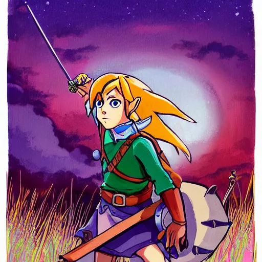 Prompt: beautiful illustration of link from ocarina of time in the style of studio ghibli, colorful, fantasy, anime