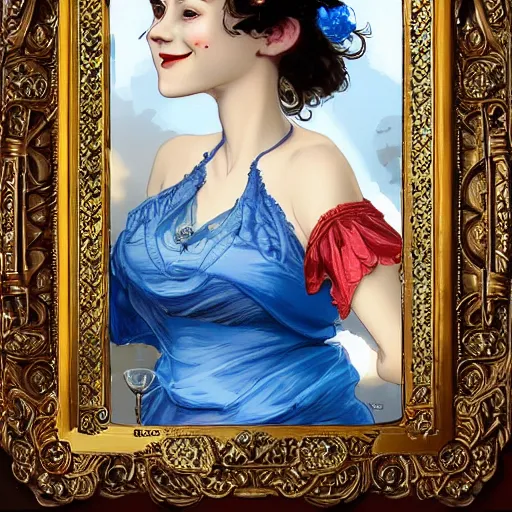 Image similar to a smiling happy beautiful barmaid with short blue hair wearing a red satin dress in a rustic saloon, beautiful sparkling blue eyes, caucasian, fantasy, intricate and very beautiful and elegant, highly detailed, digital painting, artstation, concept art, smooth and sharp focus, illustration, art by tan zi and artgerm and alphonse mucha and peter mohrbacher